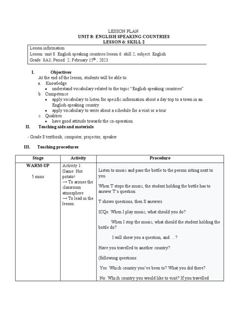 Image result for Language Learning Lesson Plan Example
