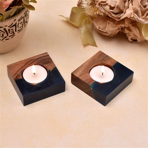 Wooden Square Tea Light Holder - Dark Blue -1 Piece