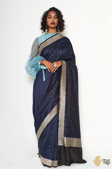 Black-Midnight Blue Pure Katan Silk Banarasi Handloom Saree - Tilfi