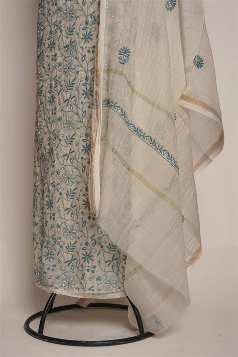 Mul chanderi grey embelllished kurta dupatta set – Banarsi Das & Sons