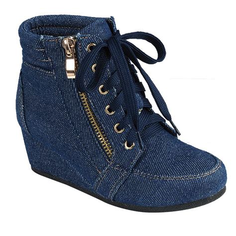 SNJ Women High Top Wedge Heel Sneakers Platform Lace Up Shoes Ankle ...