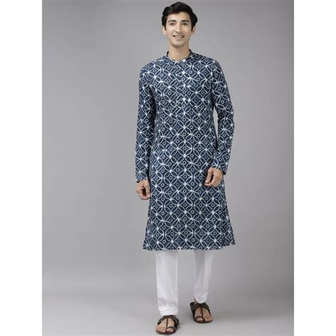 Buy See Designs Men Blue & Off White Printed Straight Kurta Online