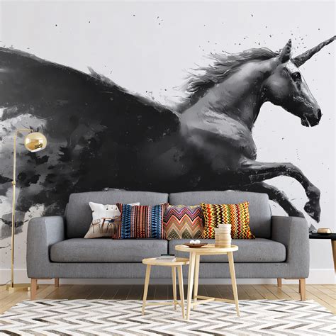 Winged Unicorn Dissolving into Bats Black White Ink Wash Mural Wallpap ...