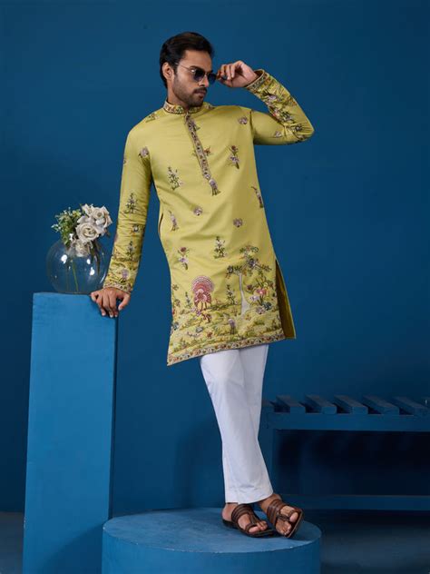 Elegant Mustard Embroidered Kurta for the Wedding Season – House Of Kurta