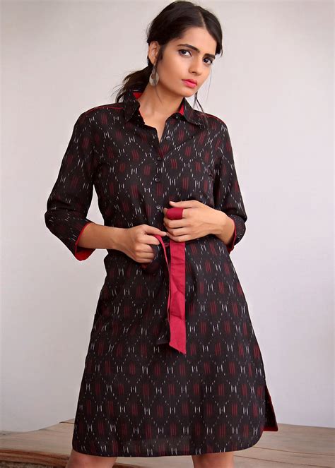 Get Curved Hem Detail Black Ikat Shirt Dress at ₹ 1600 | LBB Shop