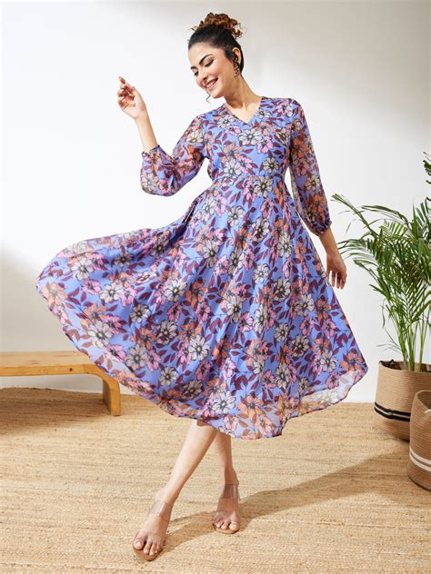 Janasya Women's Lavender Georgette Floral Printed A-line Dress ...