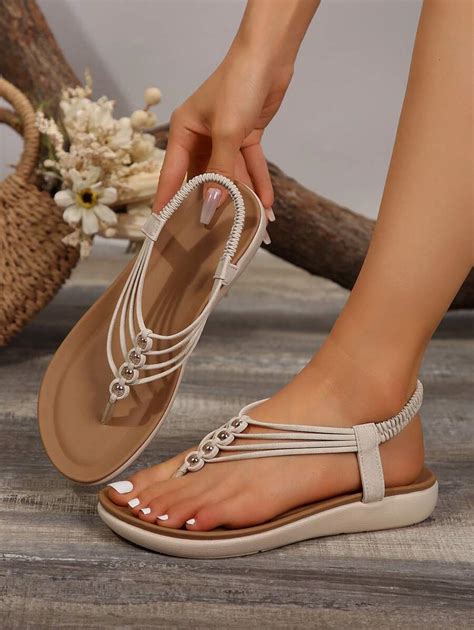 2024 Spring & Summer Beige Boho Thong Sandals, Vintage Beaded Braided ...