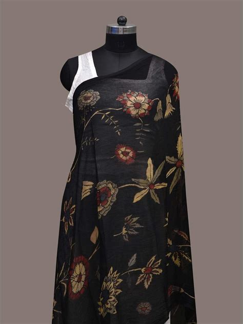 Black Kalamkari Hand Painted Georgette Dupatta with Floral Design ds24 ...