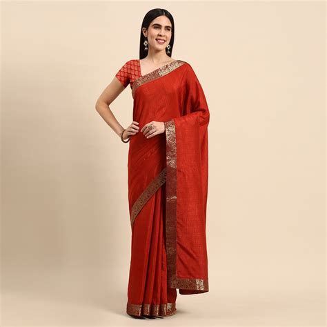 Rust Solid Vichitra Silk Saree With Fancy Zari Border