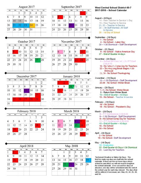 2017 - 2018 School Calendar | West Central School District 49-7 ...