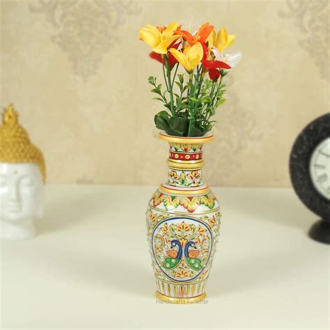 Marble Flower Pot in Golden Finish with Double Peacock Painted by ...