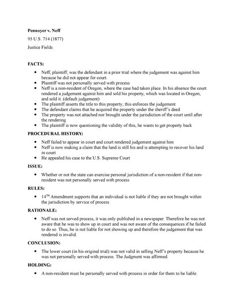 Pennoyer v Neff Case Brief - Pennoyer v. Neff 95 U. 714 (1877) Justice ...
