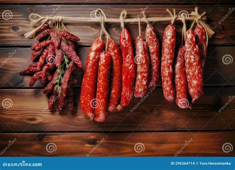 A Bunch of Different Types of Sausage Hanging on a Line. Dried and ...