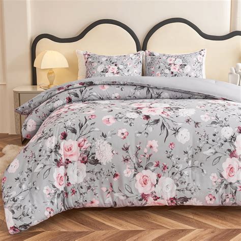 Koniroom 3 Pieces Pink and Grey Comforter Set King Size, Floral Bedding ...