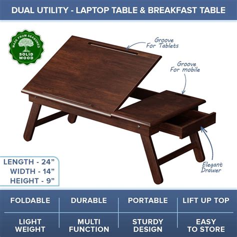 Multipurpose Solid Wood Foldable Laptop & Breakfast Table - Walnut ...