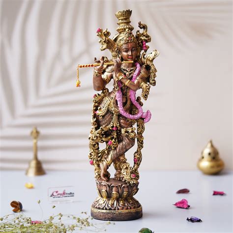 Golden Standing Lord Krishna Idol Playing Flute Statue – eCraftIndia