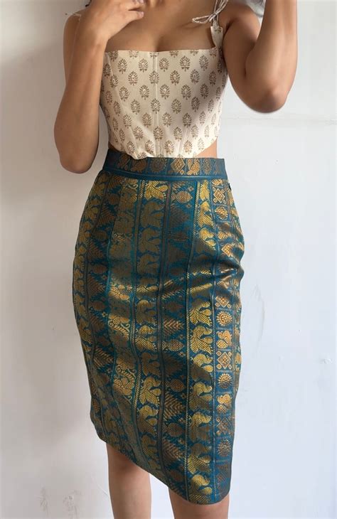 Teal And Gold Pencil Skirt - Mogra Designs
