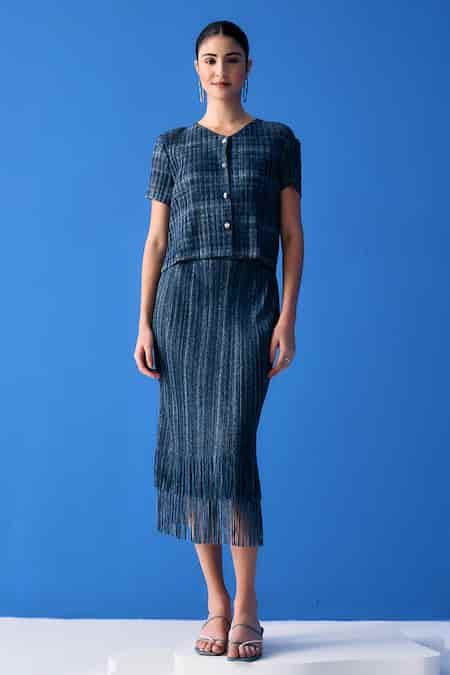 Buy Blue Polyester Round Neck Pleated Top And Fringe Skirt Set For ...