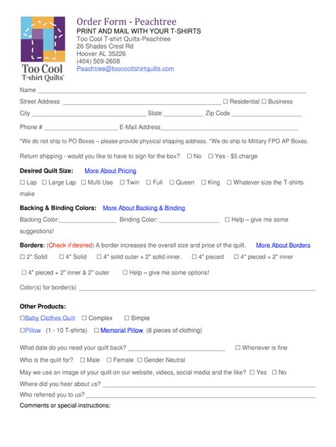 T-Shirt Quilt Order Form - Fill Out, Sign & Share Online | pdfFiller