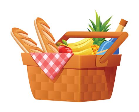 Wicker picnic basket with blanket full of products vector illustration ...