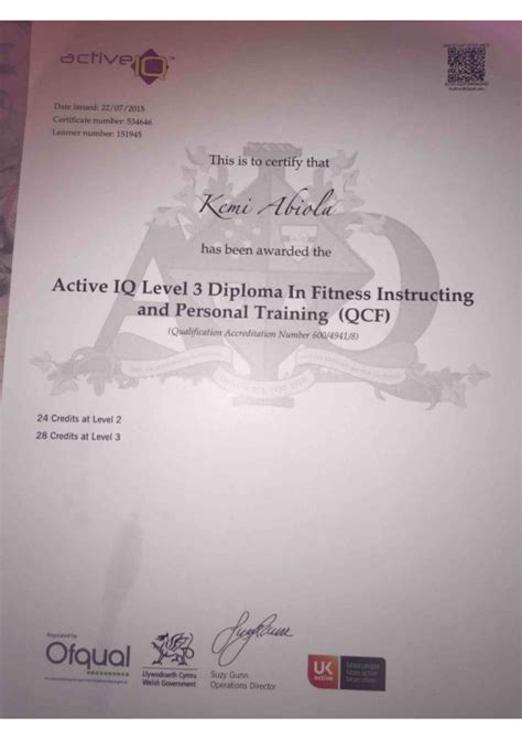 Personal training and fitness instructor certificate
