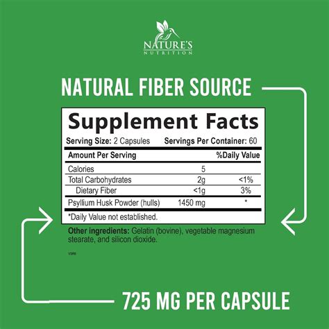 Nature's Nutrition Psyllium Husk Capsules 1450mg - 120 Count, Non-GMO Natural Fiber Supplement ...