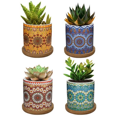 Lewondr 4 Pack Succulent Plant Pots, 2.8 Inch Ceramic Mini Flower Pots ...
