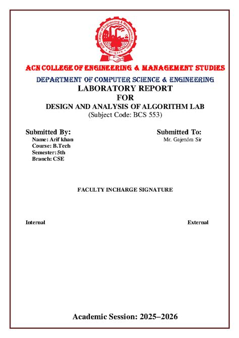 DAA Lab Report: Design & Analysis of Algorithms (BCS 553) - Studocu