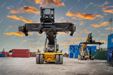 Forklift working in the container cargo yard port loading cargo tank ...