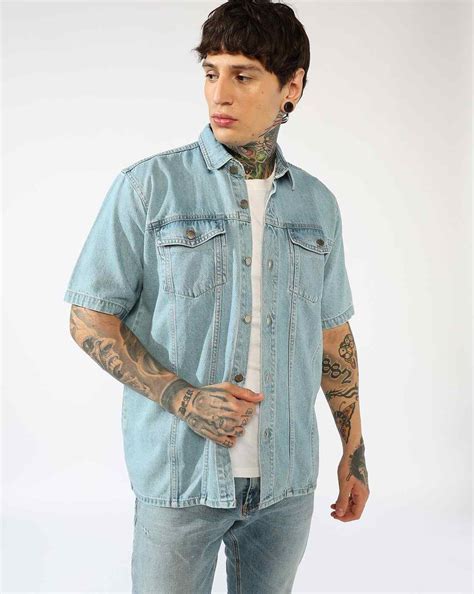 Boxy Fit Short Sleeve straight hem denim Shirt