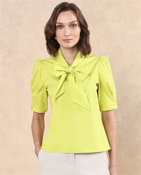 Rareism Women Kirv Green Cotton Blend Fabric Bishop Sleeve Tie Up Neck