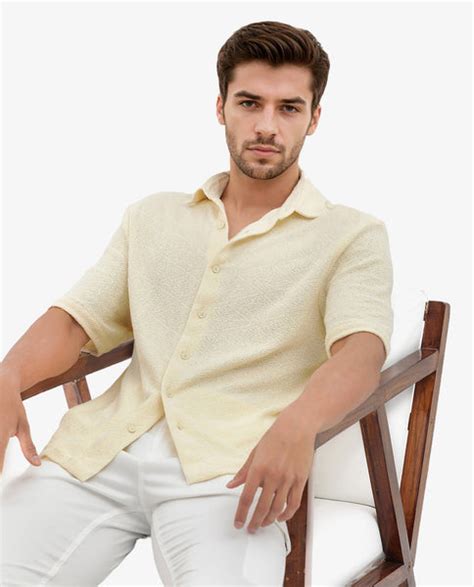 Rare Rabbit Men's Domat Light Yellow Cotton Jacquard Boxy Fit Half Sle