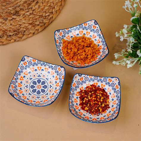 Orange & White Floral Square Ceramic Bowls Set of 3 – The Golden Theory