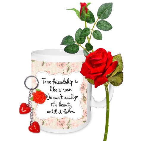 Buy True Friendship Rose Day Mug & Red Flowers with Heart Key Ring ...