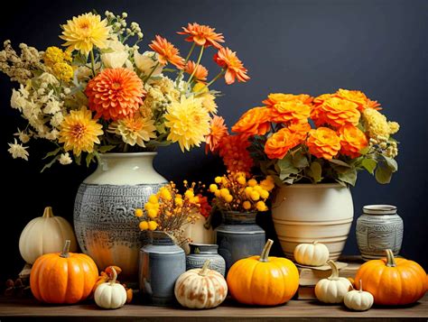 Autumn decoration with flowers and pumpkins - online puzzle