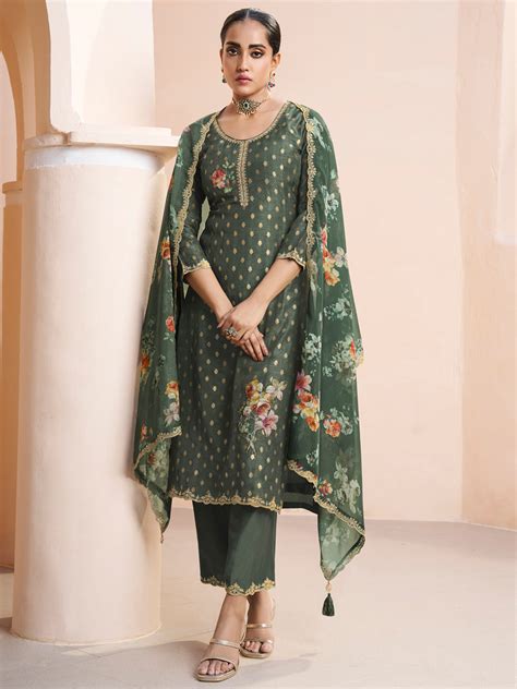 Olive Green Kurta Set in Applique Jacquard with Floral print – Seerat ...