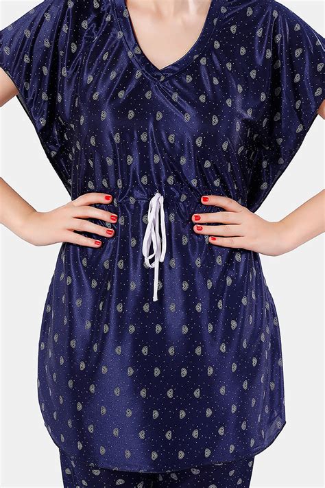 Navy Blue Satin Printed Kaftan Top & Pajama Set for Women – Nightifyy