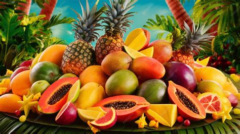 A colorful display of tropical fruits pineapples mangoes papayas and ...