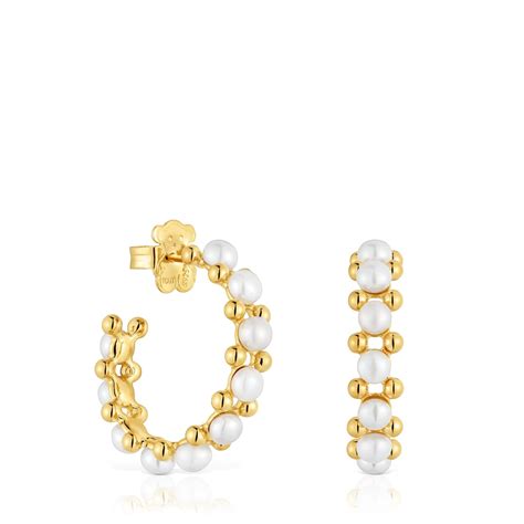 Triple Hoop earrings with 18kt gold plating over silver and cultured ...