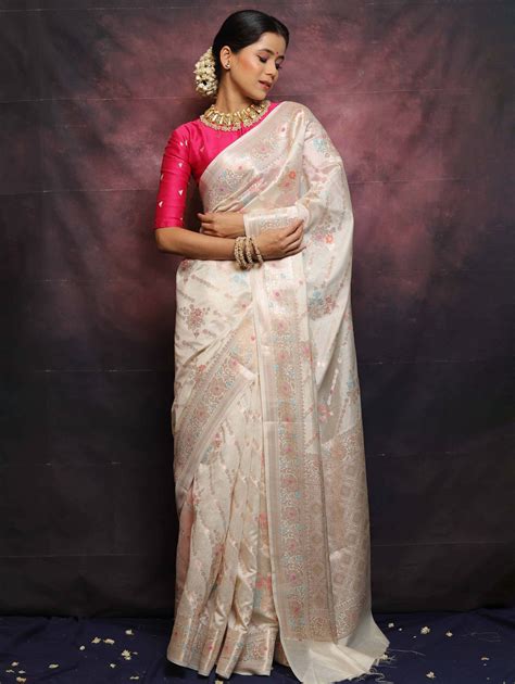 Banarasee Handloom Pure Chiniya Silk Saree With Zari & Meena Work-Whit