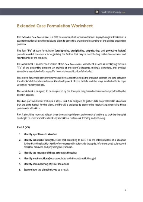 Extended Case Formulation Worksheet - In psychological treatment, a ...