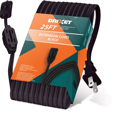 25 Feet Black Extension Cord, 3 Outlet, 2 Prong, 16 Gauge Cable, 3 ...