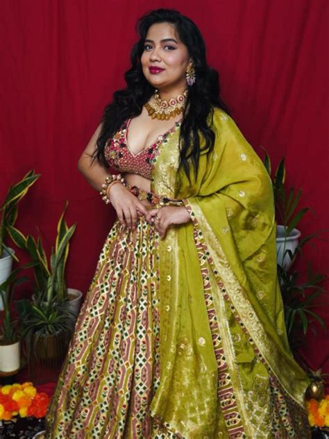 Parrot Green Silk Printed Lehenga – Tirumala Designers