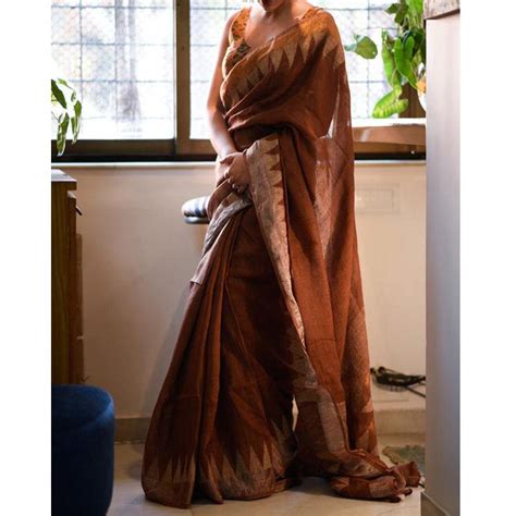 Sensational Copper Colored Festive Wear Pure Linen Designer Saree ...