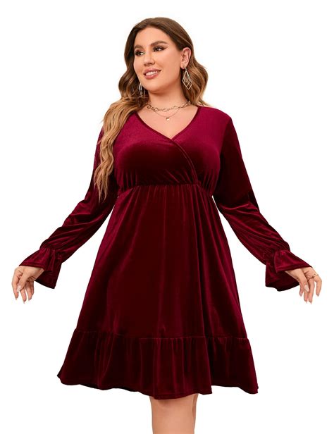 Kitsin Women's Plus Size Velvet Dress Wrap V Neck Swing Dress Long ...