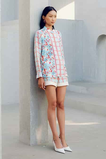 Buy Blue Georgette Floral Print Designer Shorts For Women by Pooja ...