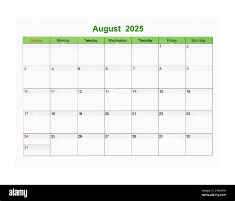 August 2025 Calendar page for 2025 year isolated on white background ...