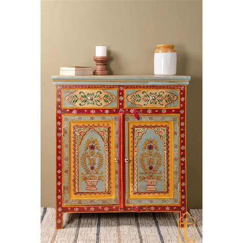 Indian Handicraft Wood Artistic Floral Painted Bedside Furniture Cabin ...