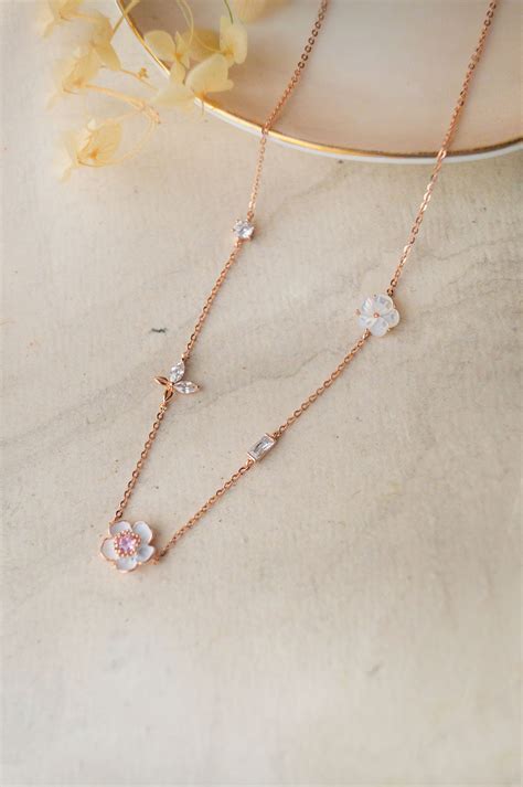 White Flower Garland Rose Gold Plated Sterling Silver Chain Necklace ...
