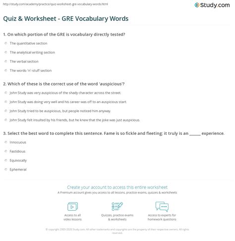 Quiz & Worksheet - GRE Vocabulary Words | Study.com